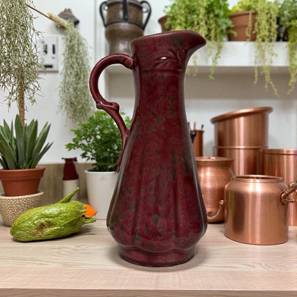Vintage California Pottery Pitcher Vase Drip Glaze Maroon Red Green 10"